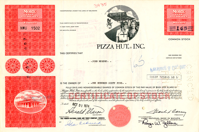 Pizza Hut, Inc. - Famous Pizza Restaurant Chain - Stock Certificate